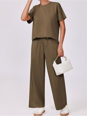 Woman’s PINSPARK Wide Leg & Over Sized Boxy Drawstring Pant Set Choco Brown 2X